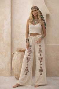 Women Bohemian Linen Wide Leg Pants High Waist Embroidery Loose Fit Full Length Summer Casual Trousers - Product Image 3