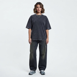Camiseta de Algodón Lavado Oversize para Mujer, Cuello Redondo, Corte Holgado, Color Liso, Manga Regular, Tejido de Punto Jersey, Estilo para Todas las Estaciones - Product Image 1