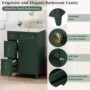 Mobile da Bagno Verde Foresta da 24 Pollici con 2 Cassetti, 1 Anta a Chiusura Morbida e Lavabo in Ceramica - Product Image 4