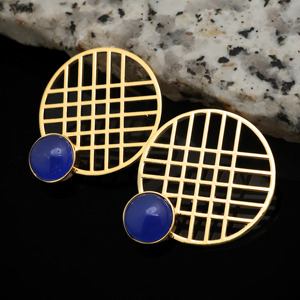 <b>Unique</b> Geometric 18k Gold Plated Grid Earrings with Lapis Lazuli Gemstone – Minimalist Statement Stud Earrings - <b>Gift</b> <b>for</b> <b>her</b> - Product Image 2