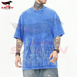 เสื้อยืดสีน้ำเงินฟอกกรดแบบกำหนดเองสำหรับผู้ชาย ลายกราฟิกเปลวไฟประดับเพชร สไตล์สตรีทแวร์ วินเทจ ผ้าหนา ตกแต่งคริสตัลด้วยเทคนิค Hot Fix ทรงโอเวอร์ไซส์ - Product Image 2