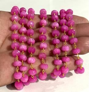 8mm Natural Pink Gemstone Beaded Chain Gold Plated Wire Wrapped Rosary Chain Jewelry Making DIY Supplies - Product Image 3