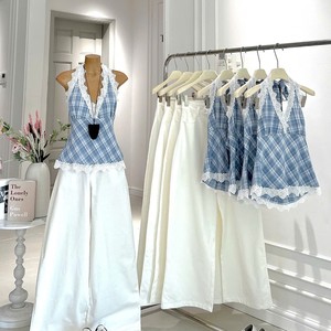 Ensemble haut à col licou en dentelle à carreaux et pantalon à jambes larges pour femme, tenue d'été décontractée - Product Image 6