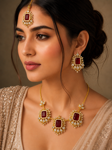 Classic 18K Gold Plated Red Boho Necklace Set with Statement <b>Stud</b> <b>Earrings</b> and Maangtika Wholesale Set Customization available - Product Image 3