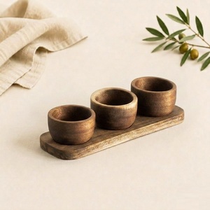 Eco-Friendly Handcrafted Acacia Wood <b>Condiment</b> Bowl Set of 3 with <b>Tray</b> Serving Platter for Dips Snacks Kitchenware for Hot Sale - Product Image 1