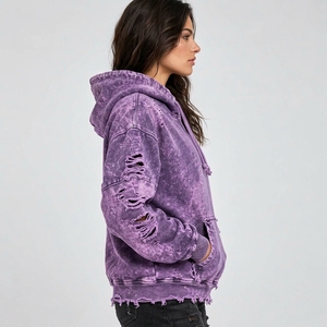 Trendy women’s distressed hoodie made with soft fabric, oversized fit, faded finish, and <b>rugged</b> details for streetwear fashion - Product Image 2