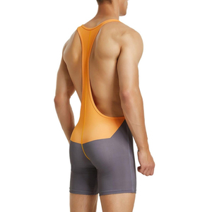 Men's <b>Orange</b> Gray Color Blocked Wrestling Singlet One-Piece Fitted Spandex Nylon Stretch Martial Arts Wear Adult Size - Product Image 3