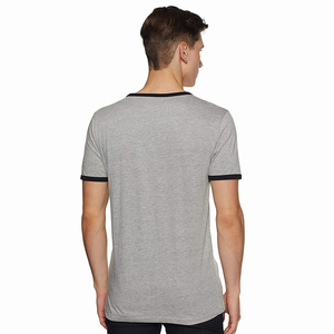 Camiseta de Manga Corta Gris para Hombre con Ribete en Contraste Negro, Cuello Redondo, Corte Regular, Tejido Jersey Informal, 100% Algodón, Color Sólido - Product Image 4