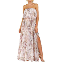 Robe longue maxi florale pastel sans bretelles, épaules dénudées, à volants, avec fente latérale, pour la plage et les vacances d'été, design personnalisé