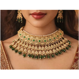 Ensemble collier et boucles d'oreilles de mariée en or plaqué or de qualité supérieure avec pierres vertes, bijoux de mariage et de festival pour femmes - Product Image 4