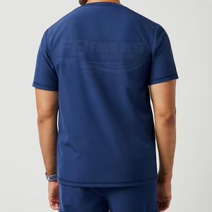 Conjunto de uniforme médico para hombre, color azul marino, con cuello en V, bolsillo y presilla para estetoscopio, para uso hospitalario, de algodón y poliéster tejido. - Product Image 3