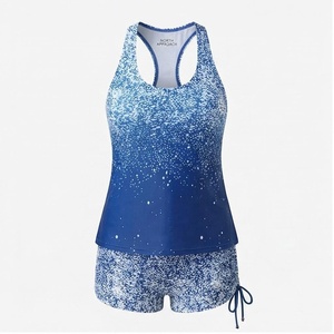 Ensemble tankini 2 pièces pour femmes, imprimé dégradé bleu, avec col licou et short à cordon de serrage, maillot de bain à séchage rapide - Product Image 2