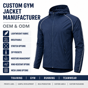 Men's Navy Hooded Sport Jacket Quick Dry Polyester <b>Zip</b> Front Elastic Cuff <b>Zip</b> Pockets Custom Logo Spring Wear - Product Image 3