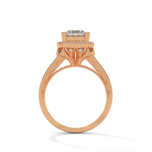 Bague de fiançailles en or rose avec halo de diamants taille coussin et ornement rond en or rose pour femme - Product Image 3