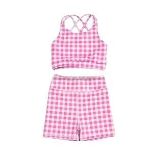 Pink Gingham Yoga Set Cross Back Sports Bra and High Waist Workout Shorts Two Piece Gym Outfit Set For Women - Product Image 1