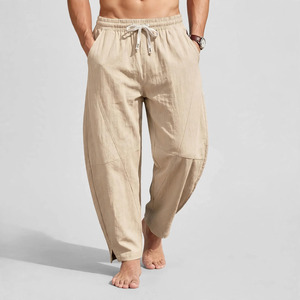 Pantalon Oxford en coton bleu pour homme, coupe droite, taille mi-haute, fermeture boutonnée, décontracté, léger, respirant, poches latérales, idéal pour l'été - Product Image 1