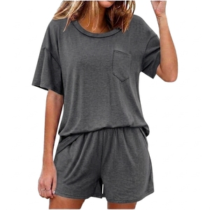 Women's Blue 2 Piece <b>Shorts</b> Set Crew Neck <b>Short</b> Sleeve Loose Fit Casual Solid Color Pocket Knitted Cotton <b>Top</b> <b>and</b> <b>Shorts</b> - Product Image 6