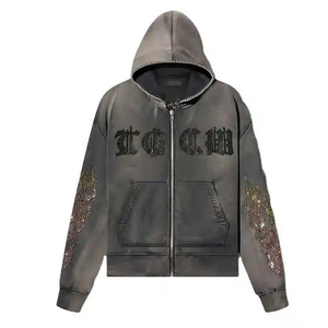 Sweat-shirt à capuche pour homme avec design de dragon en strass, coupe ample, fermeture éclair, streetwear, vêtements d'automne - Product Image 1