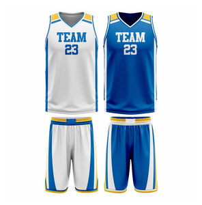 Team Basketball Uniform Set White Blue Sublimated V-Neck Sleeveless Moisture Wicking Athletic Fit Adult Unisex All Seasons - Product Image 1
