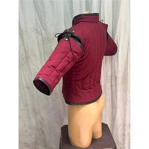 Premium Medieval Wine-Red Quilted Gambeson Jacket Padded Canvas Coat With Leather Buckle Closures For LARP Cosplay - Product Image 4