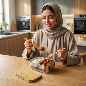 Lonchera de Acero Inoxidable con Tapa de Bambú y Correa, Materiales de Embalaje Ecológicos - Product Image 1