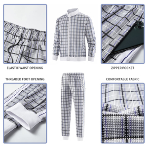 Conjunto Deportivo de 2 Piezas para Hombre, Chaqueta con Cierre y Cuello Camisero, Pantalones Deportivos con Cordón, Diseño a Cuadros Blancos, Casual - Product Image 5