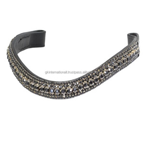 Banda de cejas de brida de caballo de alta calidad curtida vegetal de cuero inglés con cadena de diamantes de imitación de cristales negros de 5 filas - Product Image 4