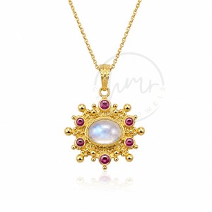 Luxury Moonstone & Ruby Quartz Sunburst Pendant <b>Necklace</b> Gold Plated Gemstone <b>Statement</b> Jewelry for Women - Product Image 1
