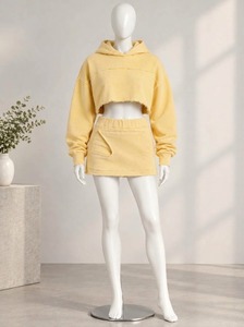 Women's <b>Purple</b> Cropped Hoodie and Skinny Mini Skirt Two-Piece Fleece Tracksuit Set Casual Washed - Product Image 6