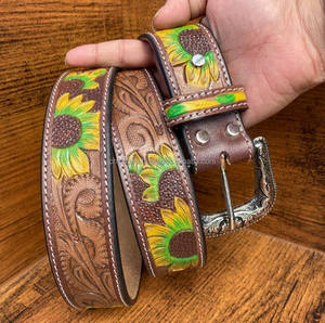 New Arrival Genuine <b>Leather</b> Western Hand <b>Tooled</b> and Hand Painted Sunflower <b>Belts</b> Real Handmade <b>Tooled</b> <b>Leather</b> Unisex Waist <b>Belts</b> - Product Image 3