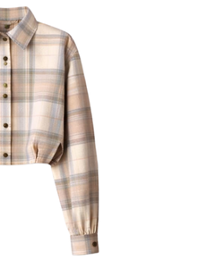 Chemisier court personnalisé beige à carreaux pour femme, col rabattu, manches longues, boutonné, style décontracté, fabricant OEM - Product Image 4