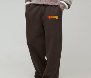 Pantalon de survêtement vintage marron en laine pour homme, taille élastique, logo imprimé par transfert thermique, jambe droite, tricoté, poids moyen - Product Image 1