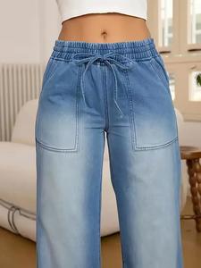 Nouveau style personnalisé – Jean droit en denim pour femme, taille haute, jambe large, décontracté, délavage vintage, coupe ample, pantalon tendance – Vente en gros - Product Image 6