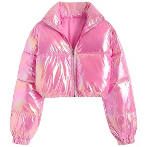 Warn Winter Custom Embroidery Logo Metallic <b>Pink</b> Women Crop Puffer <b>Jacket</b> Stand Collar High Quality Women Zipper Bomber Coat - Product Image 1