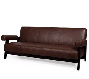 Wholesale Mid Century Luxury Leather Upholstered 3-Seater Sofa Ebony Finish Solid Wood Chandigarh Style Couch - Product Image 2