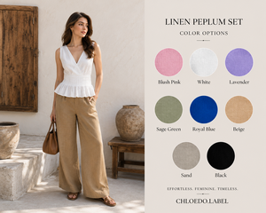 Conjunto de Dos Piezas Personalizado al por Mayor para Mujer, Lino/Algodón Tejido, Top Peplum sin Mangas con Cuello en V y Pantalones Anchos a Juego, Casual, Verano, Playa - Product Image 3