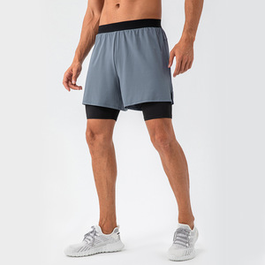 Loose Breathable Casual Running Fitness Eco-Friendly 100% Cotton Solid Color Double <b>Layer</b> Men's Sports Shorts - Product Image 3