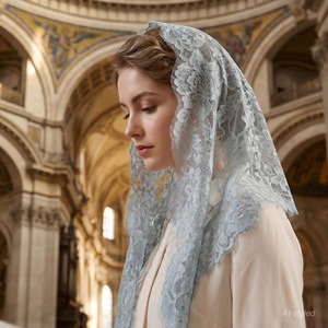 Élégante mantille française bleu clair romantique classique pour femme, 110 cm, dentelle florale, qualité supérieure coréenne, idéale pour la messe à la chapelle. - Product Image 1