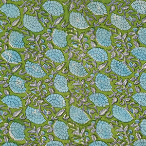 Tela de algodón puro 100% verde oscuro, tela estampada a mano con estampado Floral indio, diseño de bloque Floral para mujeres, niños, niñas - Product Image 1