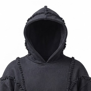 Washed <b>Black</b> Oversized Hoodie <b>Men</b> Fringe Raw Edge Crop Sweatshirt 100% Cotton <b>Fleece</b> - Product Image 5