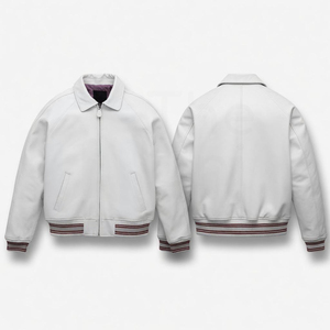 เสื้อแจ็คเก็ตบอมเบอร์หนัง PU สีขาวสำหรับผู้ชาย ปกคอพับ ซิป แต่งลายทาง แนวลำลอง สำหรับฤดูใบไม้ร่วง - Product Image 6