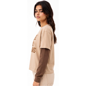Camiseta de mujer con cuello redondo, doble capa, 100% algodón, ajuste holgado, manga larga, estampado puff, doble manga - Product Image 3