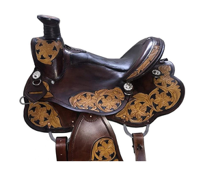ชุดอุปกรณ์ขี่ม้าแบบตะวันตกสีน้ำตาลลายดอกไม้ของผู้ผลิตชาวอินเดีย ทำจากหนังแกะสลักลายด้วยมือ พร้อมอุปกรณ์เสริมสำหรับการขี่ม้าแบบโรปปิ้ง  รวมถึงโครงไม้สำหรับม้า - Product Image 2