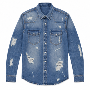Chemise en jean déchirée et vieillie pour homme, style streetwear, surchemise décontractée en coton lavé, veste de travail vintage personnalisée - Product Image 1