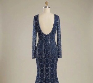 Robe de soirée sirène bleu marine faite main, ornée de sequins et de perles, col en V profond, la plus vendue – Fournisseur - Product Image 4