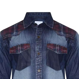 Men's Washed Denim <b>Shirt</b> Long Sleeve Button Down Plaid <b>Patchwork</b> Casual Cotton Jean <b>Shirt</b> with Chest Pockets - Product Image 6