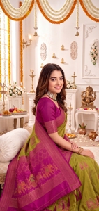AARA Fashion Green and <b>Purple</b> Silk <b>Saree</b> with Zari Border Traditional Wedding Wear for Women Sun Protection All Seasons - Product Image 4