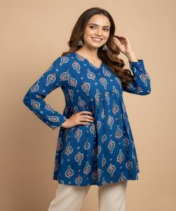 เสื้อคุर्ติผ้าเรยอนคอตตอนพิมพ์ลายวาดมือสุดฮิต สำหรับใส่ทุกวัน สไตล์ชาติพันธุ์ สีฟ้า - Product Image 3