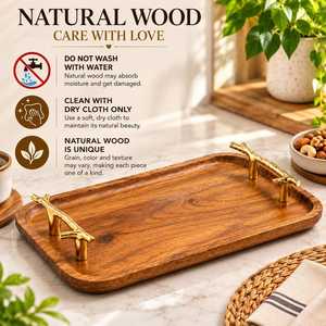 Bandeja de Servir de Madera de Acacia con Asas de Latón |   Bandeja Rectangular de Madera para Desayuno, Bebidas, Aperitivos, Hogar, Hotel, Restaurante - Product Image 4