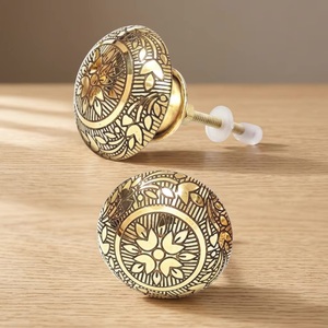 Traditional Brass Cabinet Knob Round Etched Floral Design Furniture Handle for Storage Closet Drawer <b>Door</b> - Product Image 4